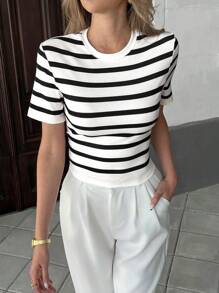 Pariaura Women's Casual Commuter Apricot Striped Short T-Shirt Zebra Print - White - View 5