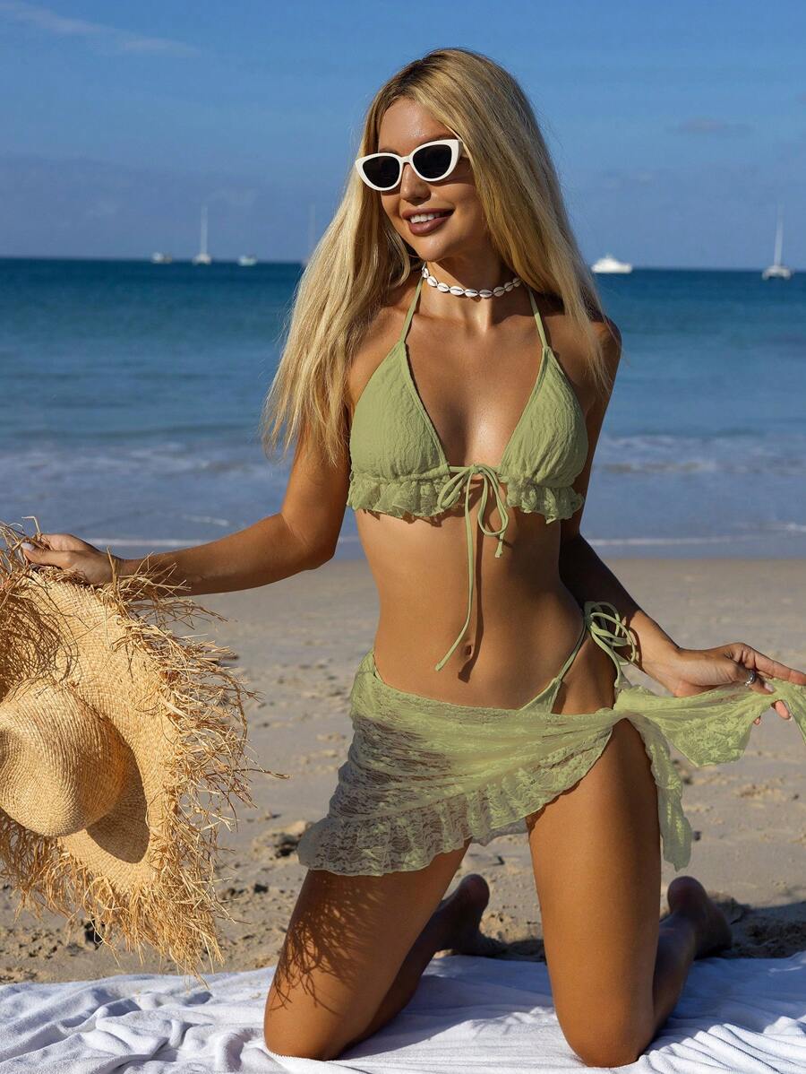 Swim Mod Summer Sexy Backless Halter Bikini 3 Pieces Set For Women, Elegant Ruffle Hem Beach Cover Up - Olive Green - View 1