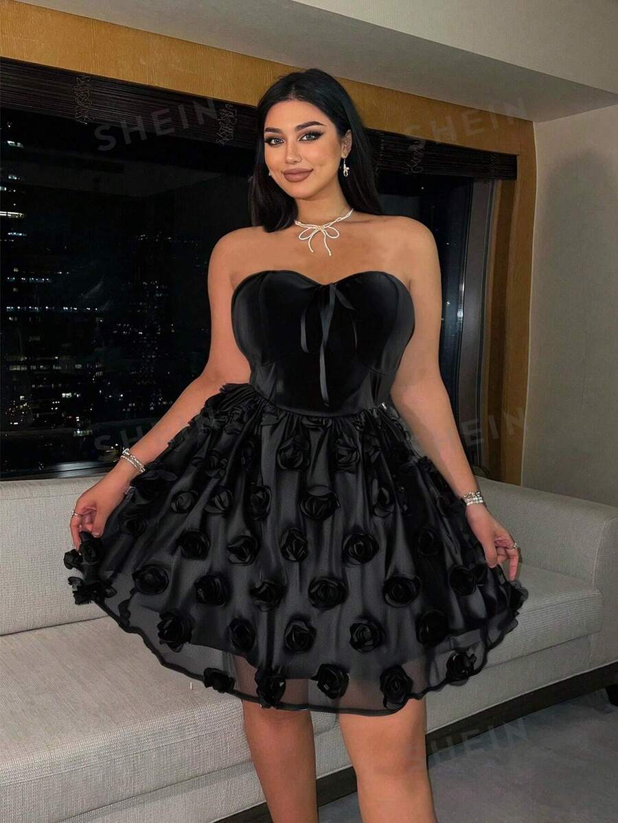SHEIN Clasi Vestido de princesa de talla grande sin tirantes con textura floral 3D, volantes y lazo de rosa, vestido de fiesta sexy