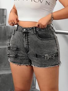 SHEIN ICON Plus Size Women Pockets Frayed Hem Adjustable Buckle Casual Denim Shorts - Black - View 6
