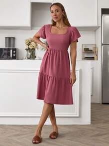 RueChic Square Neck Ruffle Hem Dress - Hot Pink - View 3