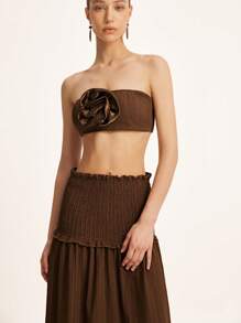 Chiquease Top de bikini con pliegues de tejido texturizado en color marrón con bandeau fruncido y falda maxi de línea A acoplada de cintura baja, elegante conjunto casual y romántico versátil de 2 piezas para mujer - Marrón - Ver 8