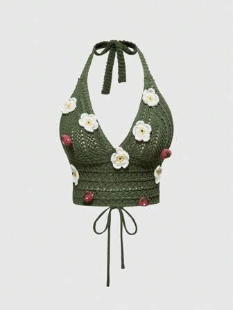 Fairycore Blouse en tricot à col noué avec fleurs et fraises brodées, style vacances pour femmes