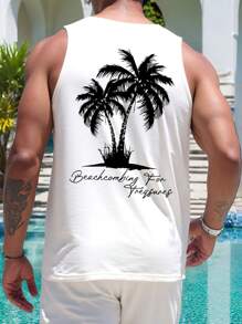 Manfinity RSRT Men's Casual Coconut Tree Print Top, Beachwear, Summer Tank Top, Very Comfortable Clothes - White - View 1
