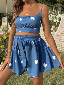 SHEIN 2 件孕妇爱心印花无袖上衣和迷你裙休闲套装