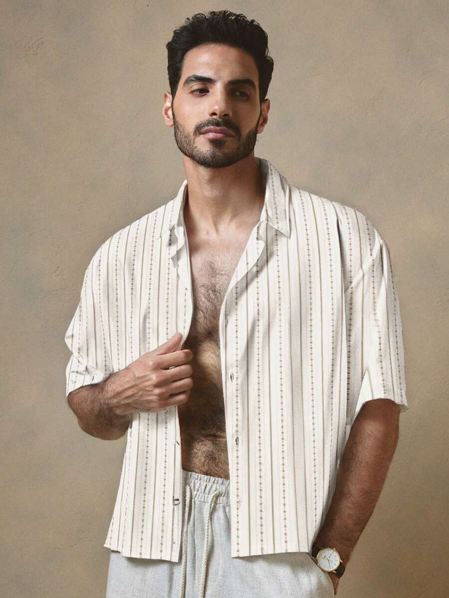 Manfinity VCAY Men's Casual Woven Pattern Loose Drop Shoulder Short Sleeve Shirt - Multicolor - View 1