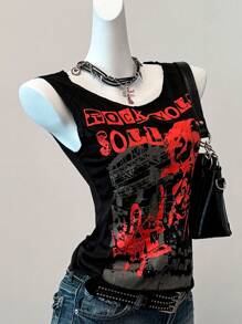 Muchica 黑色字母和图案印花无袖休闲女式 T 恤 - 黑色 - 查看 5