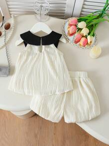 SHEIN Vintaside Kids Baby Girls' Sweet Colorblock Bow Collar Sleeveless Top And Cute Shorts 2Pcs Set, Suitable For Daily Wear, Outings