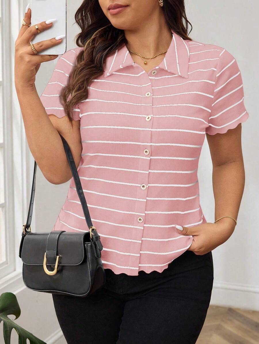 SHEIN Frenchy Plus Elegant, Office, Stylish, Comfortable And Simple,Teacher,Striped Print Button Front Tee,Short Sleeves