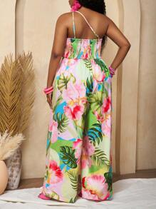 Slaydiva Plus Size Women's Boho Tropical Floral Print Jumpsuit With Asymmetrical Neck And Sleeveless Design - Multicolor - View 2