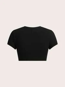 Tseoso Casual Blurred Scary Face Print Form-Fitting Crew Neck Cropped Cotton Baby Tee, Retro Suitable For Going Out - Black - View 2