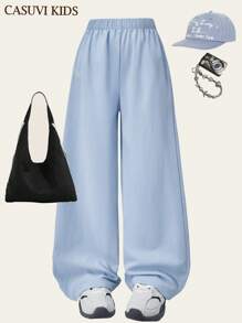 SHEIN Explorewe Tween Girl 1 件纹理面料白色休闲舒适长裤，夏季新品 - 薄荷藍 - 查看 6