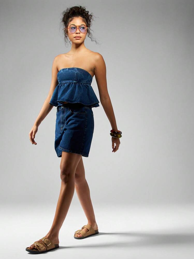 MISSGUIDED Bermuda Denim Shorts High Waist Wide Leg Distressed Summer Casual Long Jean Shorts Elastic Peplum Waistband Vintage Fashion Bottoms - Blue - View 4