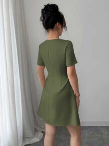 Elenzga Women's Elegant Commuter Trapeze Collar Ruffle Button Front Waist A-Line Mini Dress, Spring/Summer - Army Green - View 2
