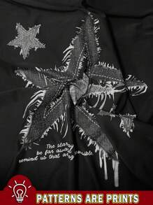 SHEIN EZwear Camiseta de manga corta con cuello redondo, estampado de estrella minimalista y corte holgado, ideal para verano - Negro - Ver 6