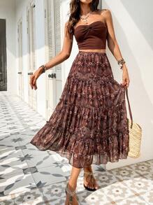 SHEIN VCAY 2pcs Set Women' Solid Color Knit Cropped Tube Tank Top & High Waist Loose Skirt - Khaki - View 4