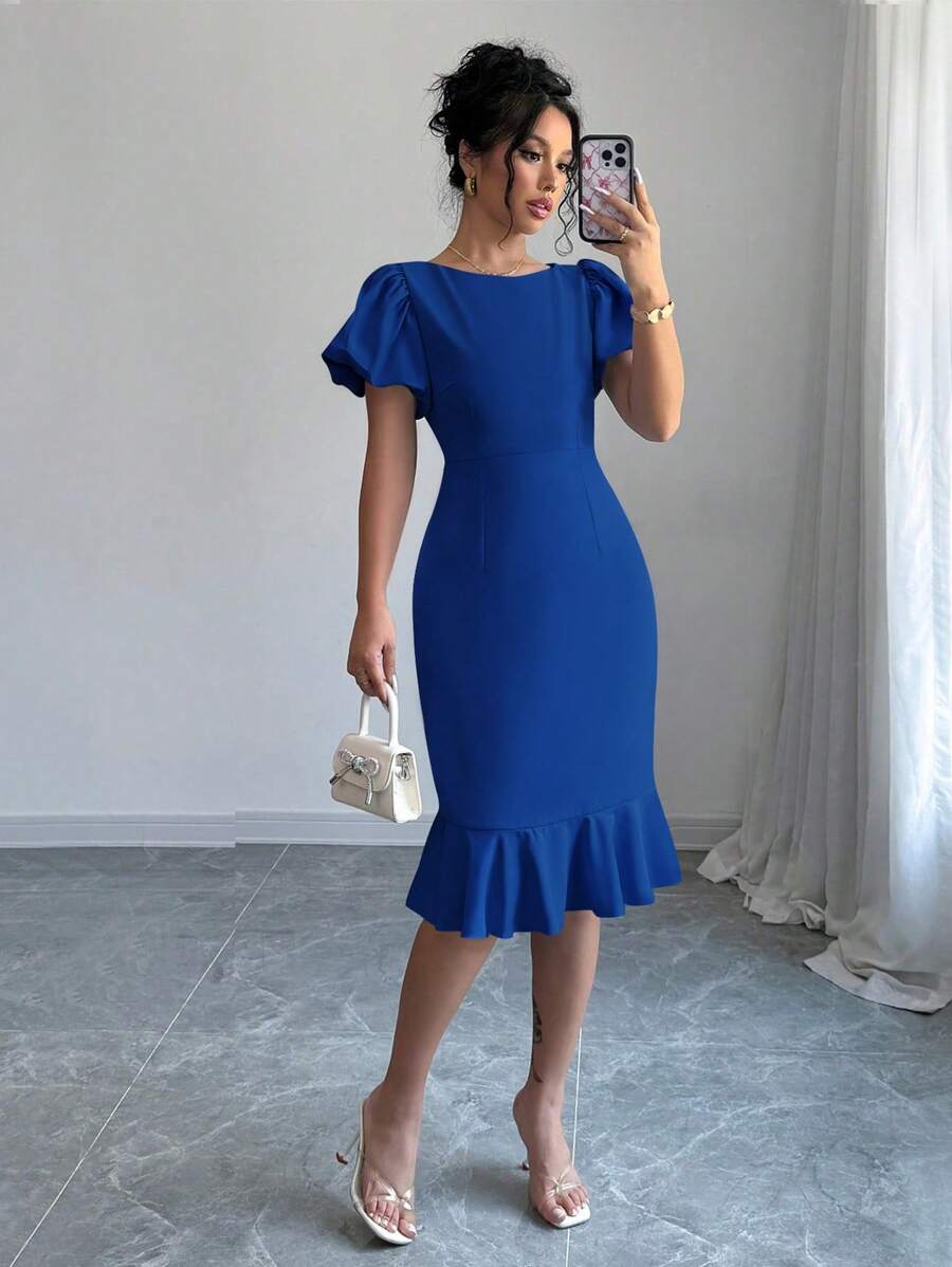 Elenzga Women Solid Color Round Neck Petal Sleeve Ruffle Hem Dress - Royal Blue - View 1