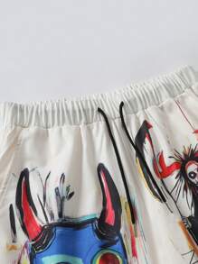 Manfinity EMRG Painting Print Casual Men T-Shirt Set,Men's Mature And Casual Loose Short-Sleeved T-Shirt Set, With Contrasting Green And Apricot Colors On The Top And Bottom, And Personalized Patterns On The Chest And Shorts, Full Of Fashion Sense. The Overall Style Is Avant-Garde And Bold, Showing A Unique Street Fashion Atmosphere, Suitable For Outdoor Sports And Leisure Occasions.