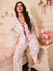 SHEIN Women's Bow, Heart, Cherry Print Contrast Color Pajama Set - Multicolor - View 6