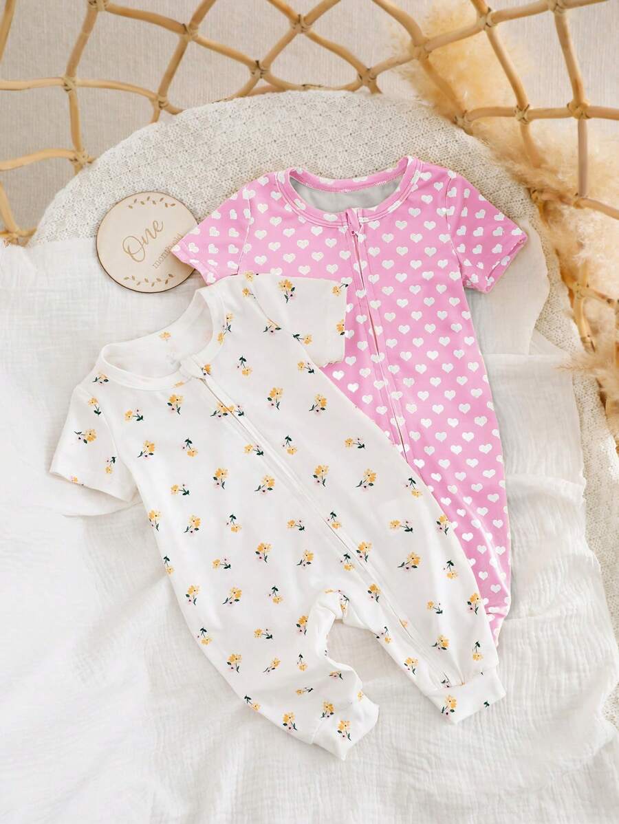 SHEIN 2pcs Newborn Baby Girl Cute Knitted Heart & Ditsy Floral Long Sleeve Jumpsuit Set - Multicolor - View 1