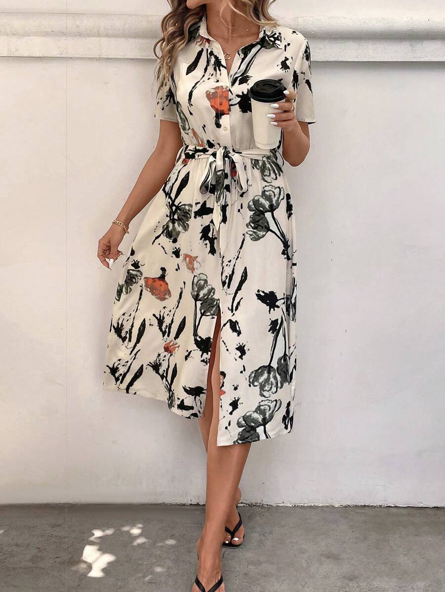 SHEIN LUNE 休闲女式短袖中长花卉印花衬衫裙 - 彩色 - 查看 1