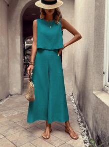 EMERY ROSE 2pcs Women Vacation Casual Solid Color Camisole And Pants Set - Blue - View 6