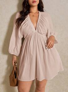 Elaquor Vestido de mujer de talla grande con cuello en V profundo, manga farol fruncida y unicolor - Albaricoque - Ver 4