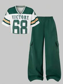 SHEIN Explorewe 2pcs/Set Girls Fashion Street Style V-Neck Letter Print Tee And Cool Cargo Wide Leg Pants, Casual Streetwear Outfit, Spring/Summer Set Outfit, School, Campus, College Summer Holiday - Dark Green - View 3