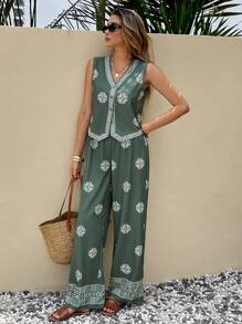SHEIN Frenchy Bộ 2 áo vest và quần dài in họa tiết thường ngày cho kỳ nghỉ của phụ nữ - màu xanh lá - Xem 5