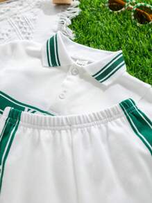 SHEIN Bộ 2 món/Bộ quần áo thun polo dệt kim rộng rãi, phong cách thể thao thường ngày cho bé trai và bé gái, phù hợp cho mùa xuân và mùa hè, đồ mặc ở nhà và đồ mặc ngoài - trắng - Xem 7