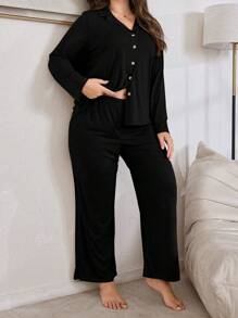 SHEIN Plus Size Soft, Skin-Friendly Button Closure Top & Pants Fashionable Loungewear Pajama Set, Cozy Outfits, Fall Winter Clothes - Black - View 4