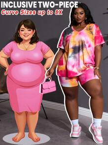 SHEIN CURVE+ Completo casual da donna in due pezzi con maglietta a maniche corte con scollo tondo asimmetrico e tie-dye, abbinata a pantaloni aderenti, adatto anche a taglie forti. Perfetto per vacanze al mare, spiaggia, feste e cerimonie