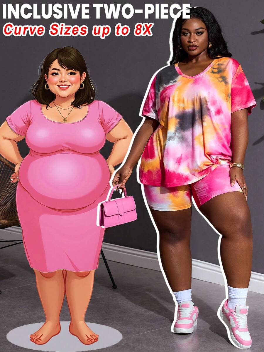 SHEIN CURVE+ Completo casual da donna in due pezzi con maglietta a maniche corte con scollo tondo asimmetrico e tie-dye, abbinata a pantaloni aderenti, adatto anche a taglie forti. Perfetto per vacanze al mare, spiaggia, feste e cerimonie