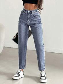 EURMUSE 100%纯棉女士高腰锥形牛仔裤