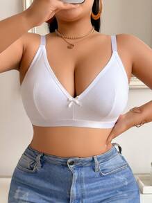 Soutien-gorge minimaliste confortable avec nœud décoratif, à fine bretelle, de couleur unie, pour grande taille