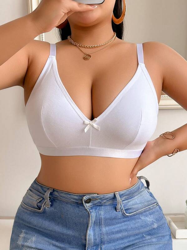 Reggiseno minimalista comodo di taglie forti, a tinta unita, con decorazione a fiocco e bretelle a spaghetti