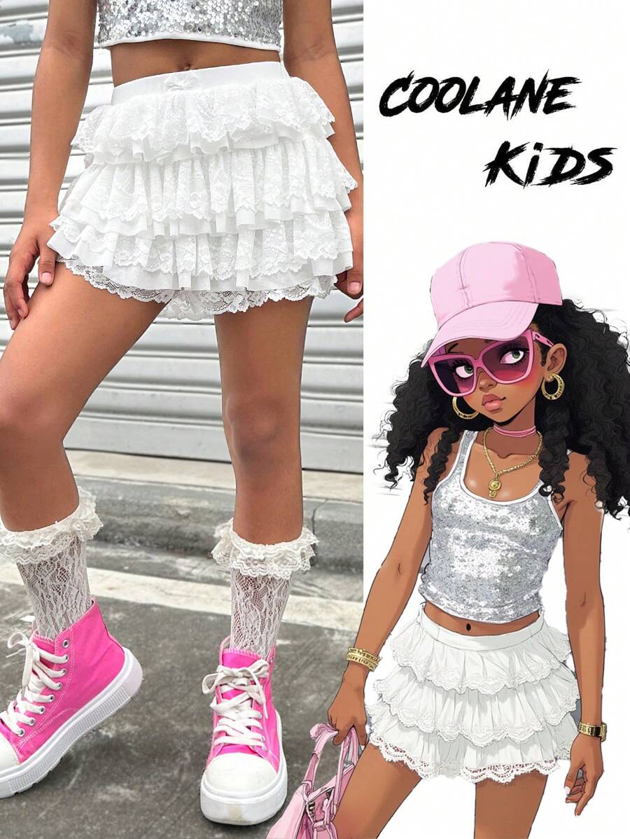 Coolane Kids Tween Girls Primavara/Vara/Drăguț/Streetwear Dantela Stretchy Contrast Dantela Pantaloni scurți albi