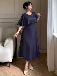 DAZY Elegant Solid Color V-Neck Mid-Length Casual Dress For Wedding Guest, Summer,Formal Women Dresses Prom Dress - Navy Blue - View 5