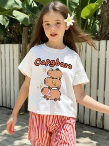 SHEIN Tween Girl Capybara Print Crew Neck Short Sleeve Cute White T-Shirt - White - View 1