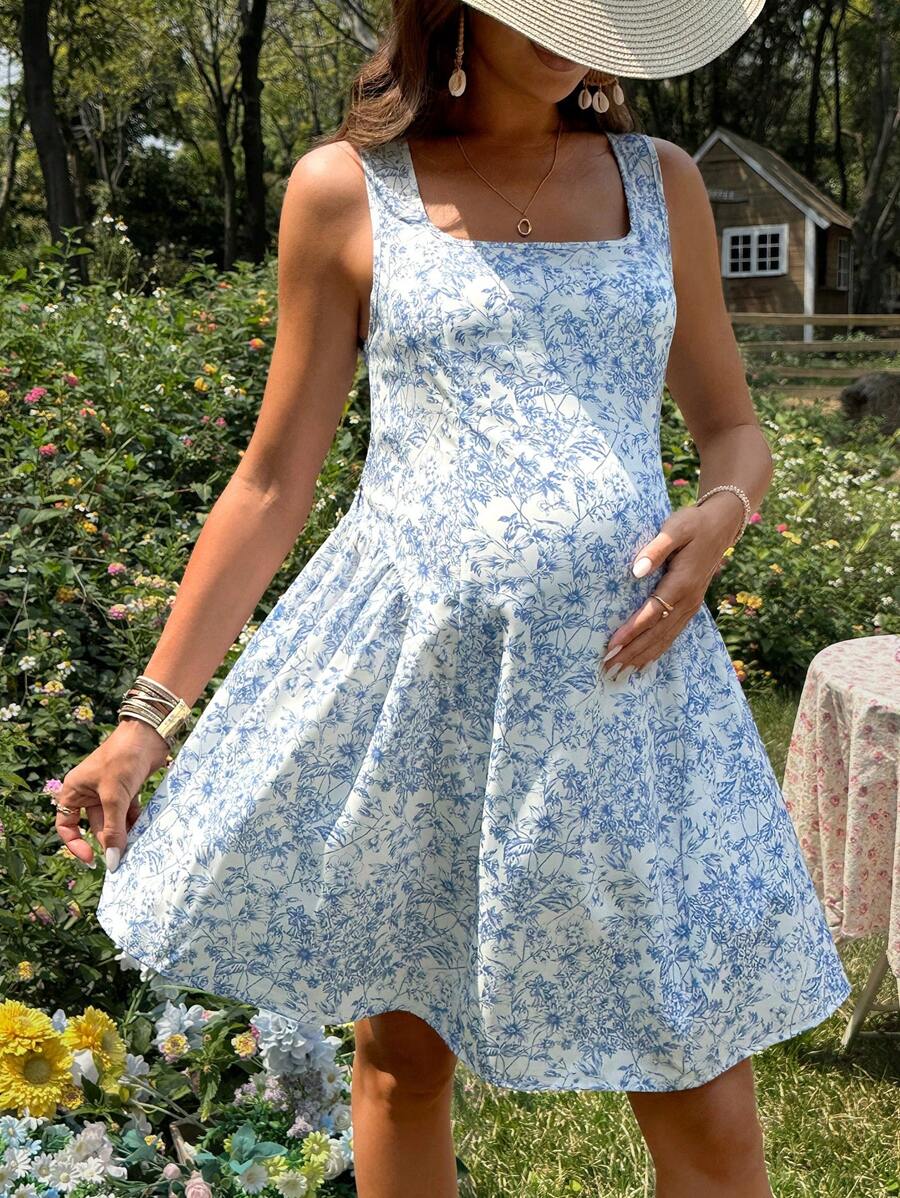 SHEIN 孕妇花卉印花露背无袖连衣裙 - 藍色 - 查看 1