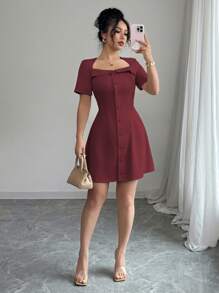 Elenzga Đầm mini cổ bẻ cài nút chữ A tay ngắn thanh lịch dành cho nữ đi làm, mùa xuân/hè - Màu Tím - Xem 3