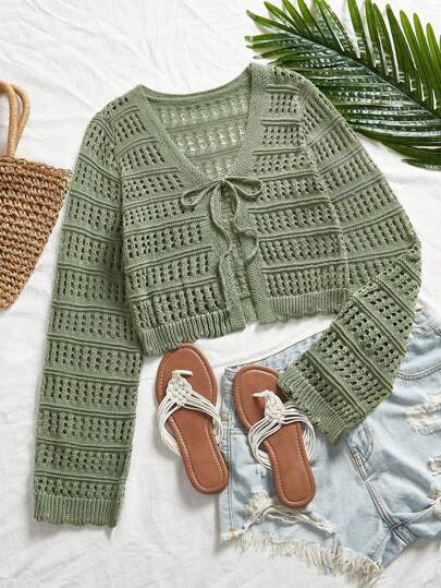 Travachic 女士度假纯色长袖前系带镂空开衫，秋冬针织毛衣