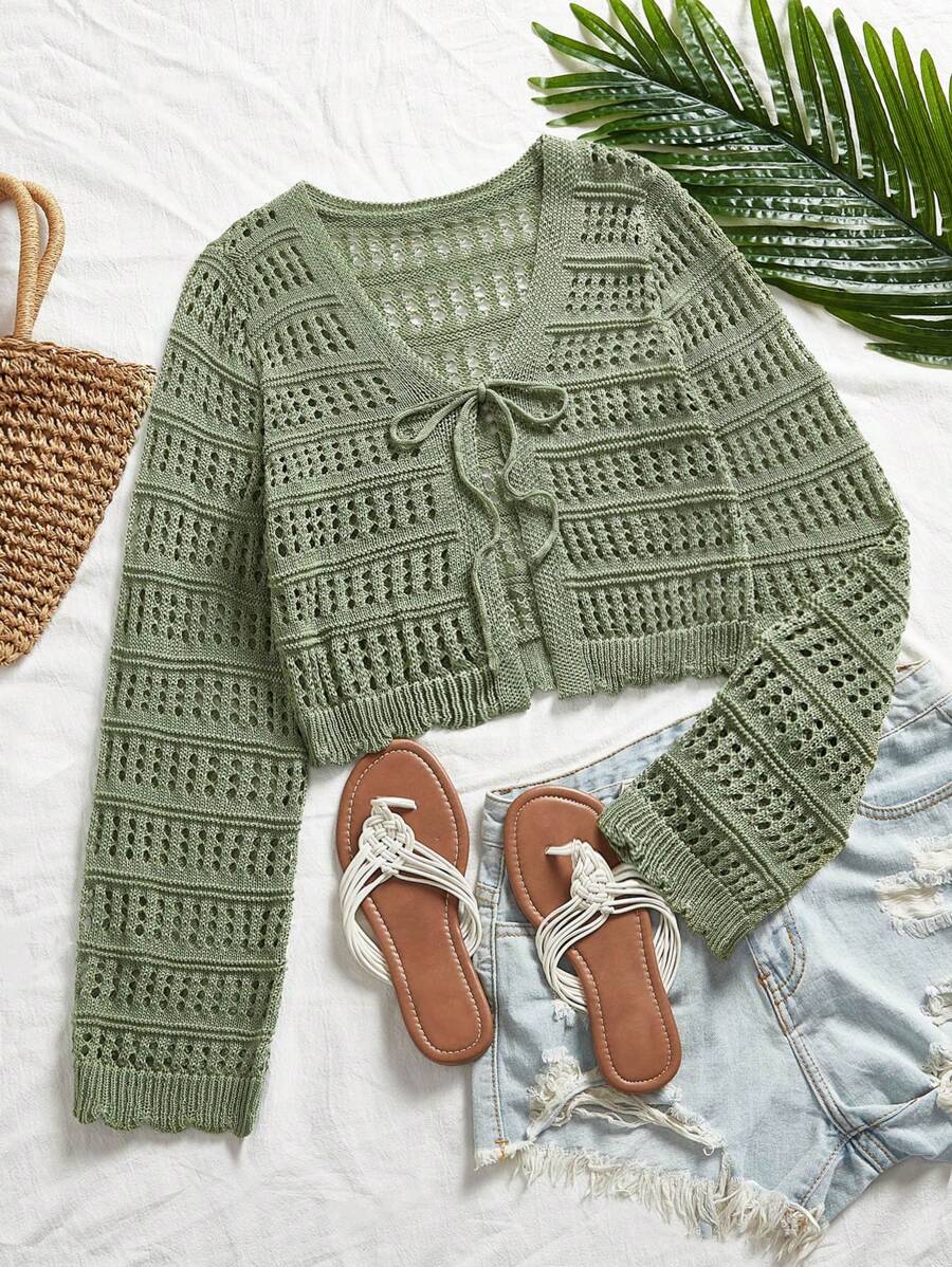 Travachic Áo len cardigan rỗng tay dài buộc trước màu trơn cho kỳ nghỉ mùa thu/đông dành cho nữ - Màu xanh Ô liu - Xem 1