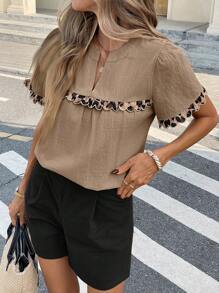 SHEIN Frenchy Women's Leopard Print Patchwork Shell Trim Short Sleeve Shirt, Everyday Summer