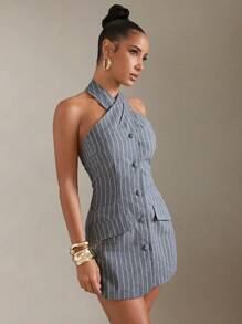 Hauture Women's Striped Front Button Halter Jumpsuit, Suitable For Commuting In Summer - Multicolor - View 6