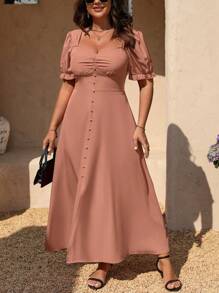 SHEIN Clasi Plus Size Summer Simple Solid Color V-Neck Ruched Bust Dress - Pink - View 4