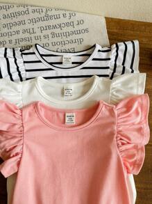 SHEIN LMoss Kids LMoss 3pcs Newborn Baby Girl Cute Summer Knitted Striped Ruffle Bodysuit Set - Multicolor - View 4