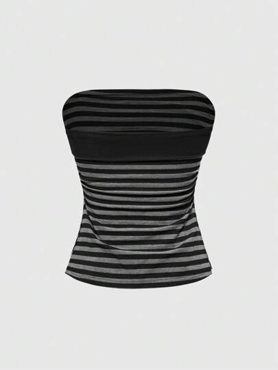 Grunge Punk Tenue d'été pour femmes: Top court style patchwork à rayures de la sous-culture Y2K avec fente à l'ourlet