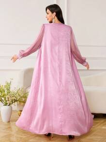 Al Najma Conjunto modesto de vestido de gasa con encaje en la parte delantera, chaleco y bata exterior de estilo abaya, con mangas de acetato de terciopelo gris-azul y diseño de parches