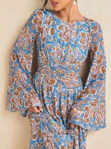 Claire Tale Retro Totem Print Mesh Print Asymmetric Side Hollow Flared Long Sleeve Sexy Maxi Dress Boho Vacation Dress Cocktail Dress Formal Dress - Multicolor - View 7